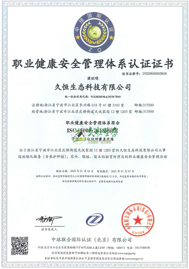 海宁职业健康安全管理体系ISO45001证书